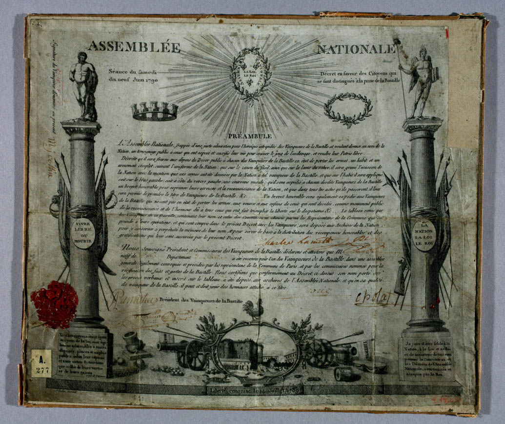Certificate for the Conquerors of the Bastille