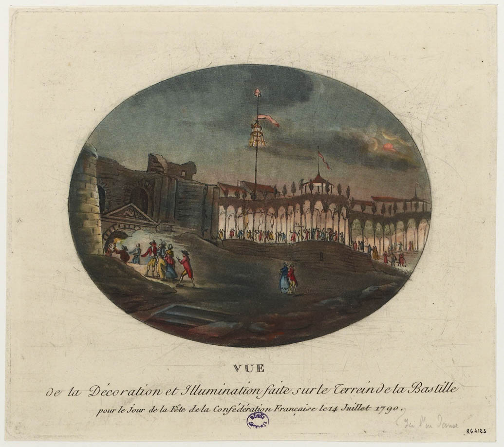 Veduta della decorazione e illuminaizone fatta sul terreno della Bastiglia per il giorno della festa della Confederazione francese il 14 luglio 1790