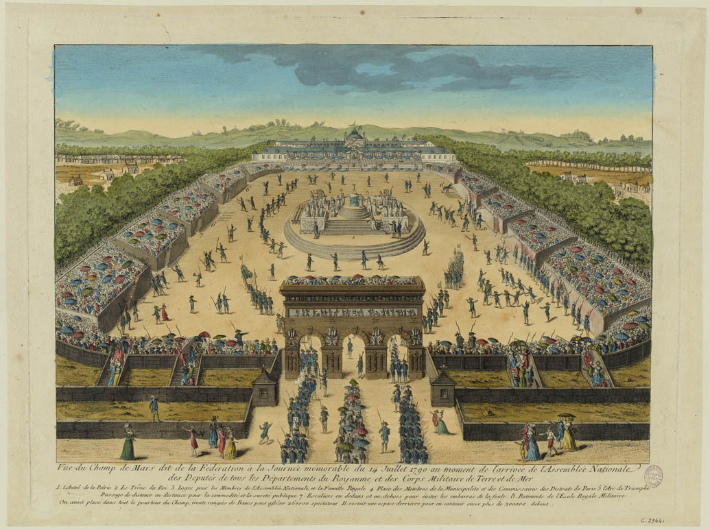 Blick auf den Champ de Mars, bekannt als Föderation, am denkwürdigen Tag des 14. Juli 1790, als die Nationalversammlung eintraf, Anonym, nach 1790