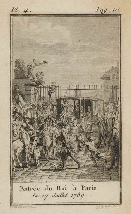 Il re ricevuto dal sindaco di Parigi, Sylvain Bailly, alla barrière des Bonshoommes, il 17 luglio 1789