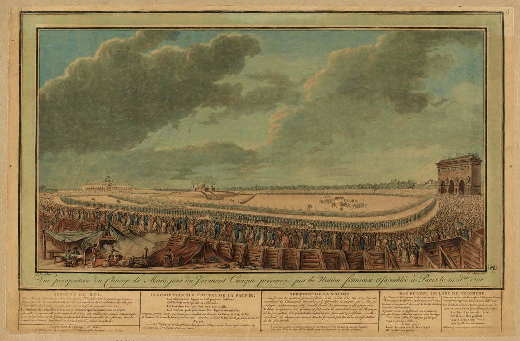 Vista en perspectiva del Campo de Marte el día del juramento cívico pronunciado por la nación francesa reunida en París el 14 de julio de 1790.