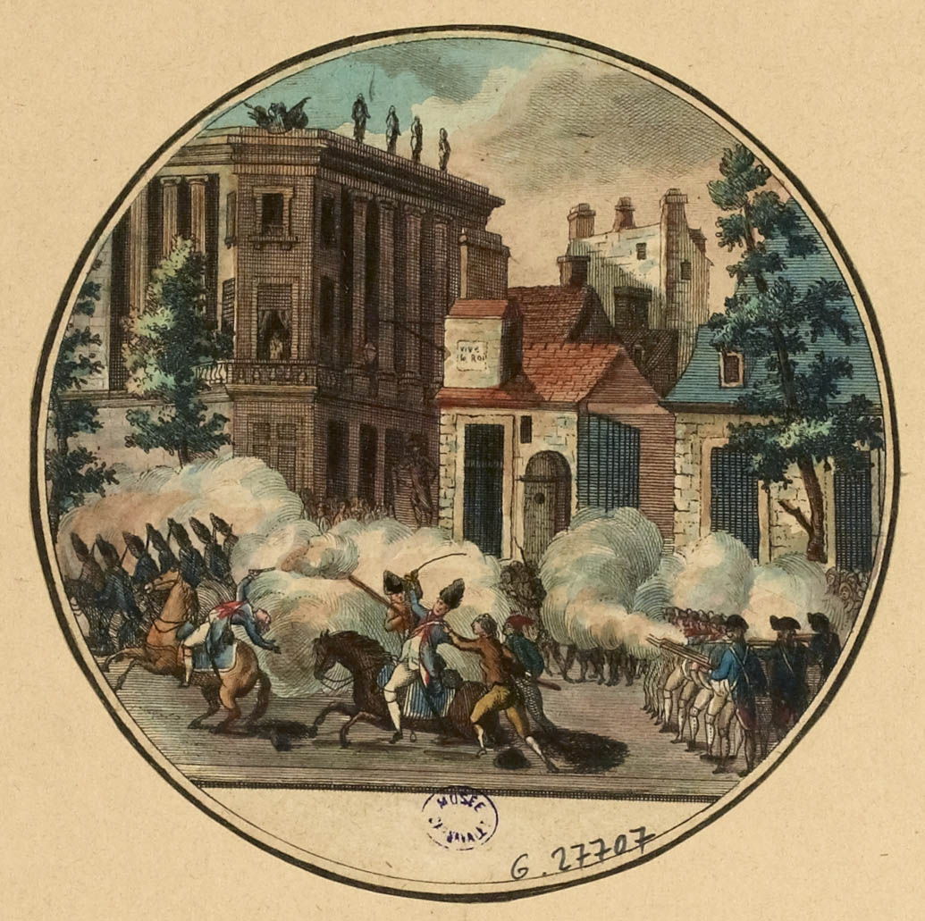 Combate entre Royal-Allemand y un destacamento de los guardias franceses, frente al cuartel de la guardia francesa, el 12 de julio de 1789, lo que corresponde a chaussée d'Antin en la actualidad.