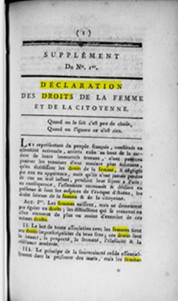 Declaración de los derechos de la mujer y de la ciudadana, periódico general de la villa y corte el 1 de octubre de 1791