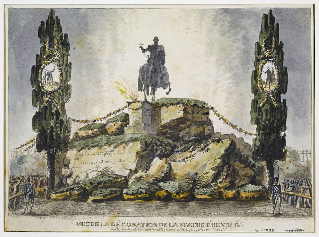 Dekoration der Statue von Henri IV zwischen zwei Freiheitsbäumen, Fest der Föderation, 14. Juli 1790