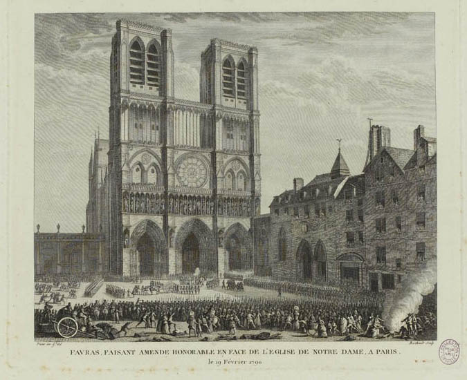 Favras, der am 19. Februar 1790 vor der Kirche Notre Dame in Paris Wiedergutmachung leistet