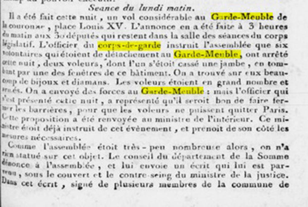 “Theft at the Royal Treasury.” Thermomètre du Jour Newspaper, September 18, 1792