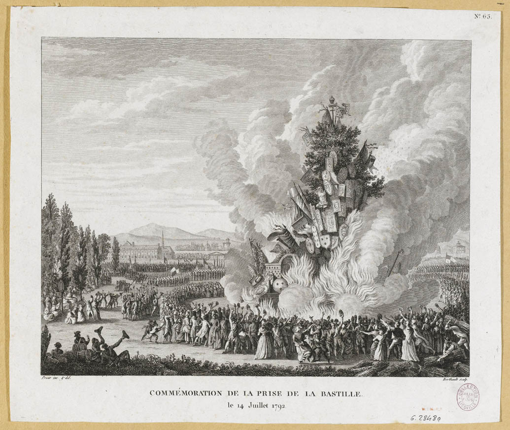 Drittes Föderationsfest auf dem Champ-de-Mars. Die Menschen tanzen um den Stammbaum, der am 14. Juli 1792 niedergebrannt wurde