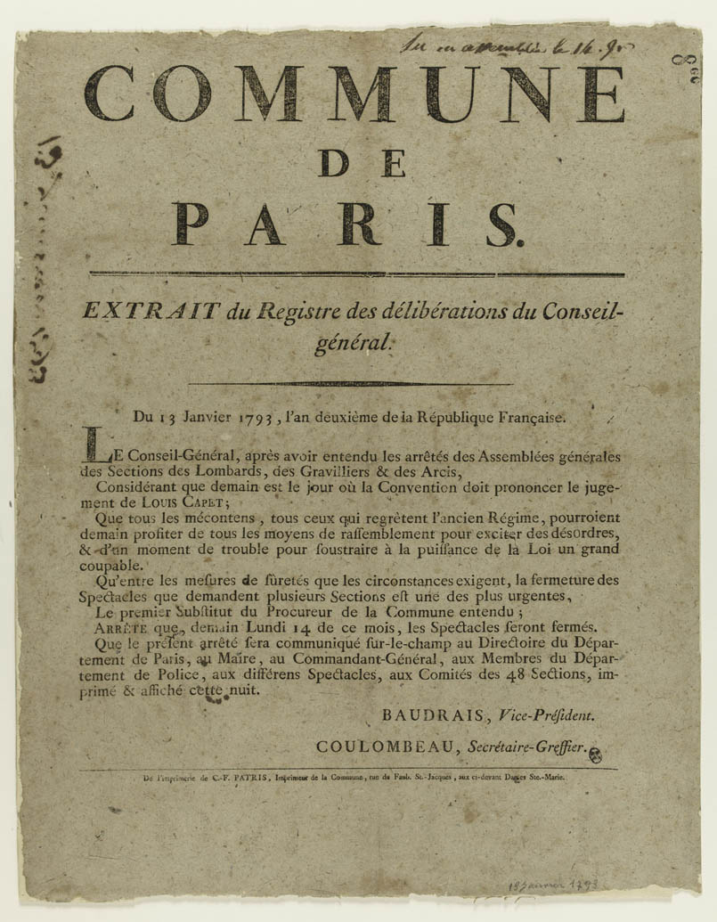 Comune di Parigi, Estratto del registro delle deliberazioni del 13 gennaio 1793