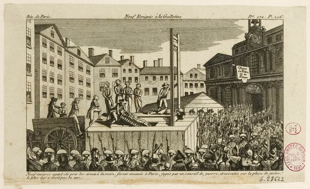 Hinrichtung von neun Emigranten durch die Guillotine, Place de Grève, 22. bis 29. Oktober 1792