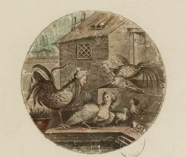 La Fayette y Bailly, medio-hombres, medio-gallos, se agitan alrededor de una gallina, madame Bailly?