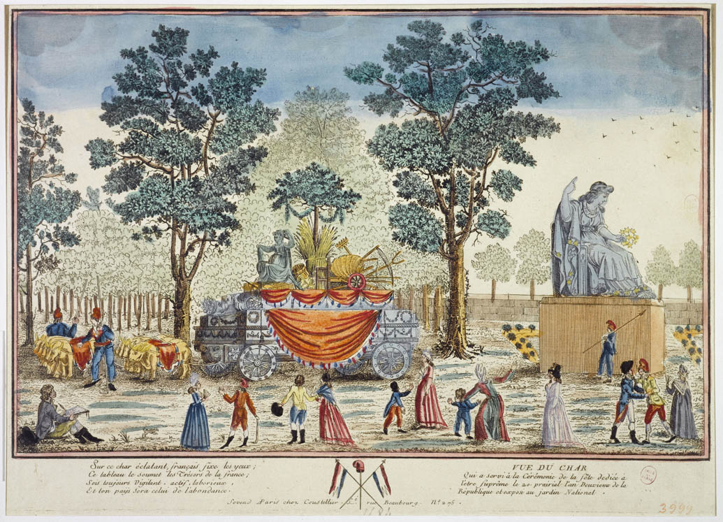 Der Saibling von Céres und die Statue der Weisen, verwendet während des Festes des Höchsten Wesens auf dem Champ de Mars, am 20. Prairialjahr II oder am 8. Juni 1794, ausgestellt im Jardin des Tuileries