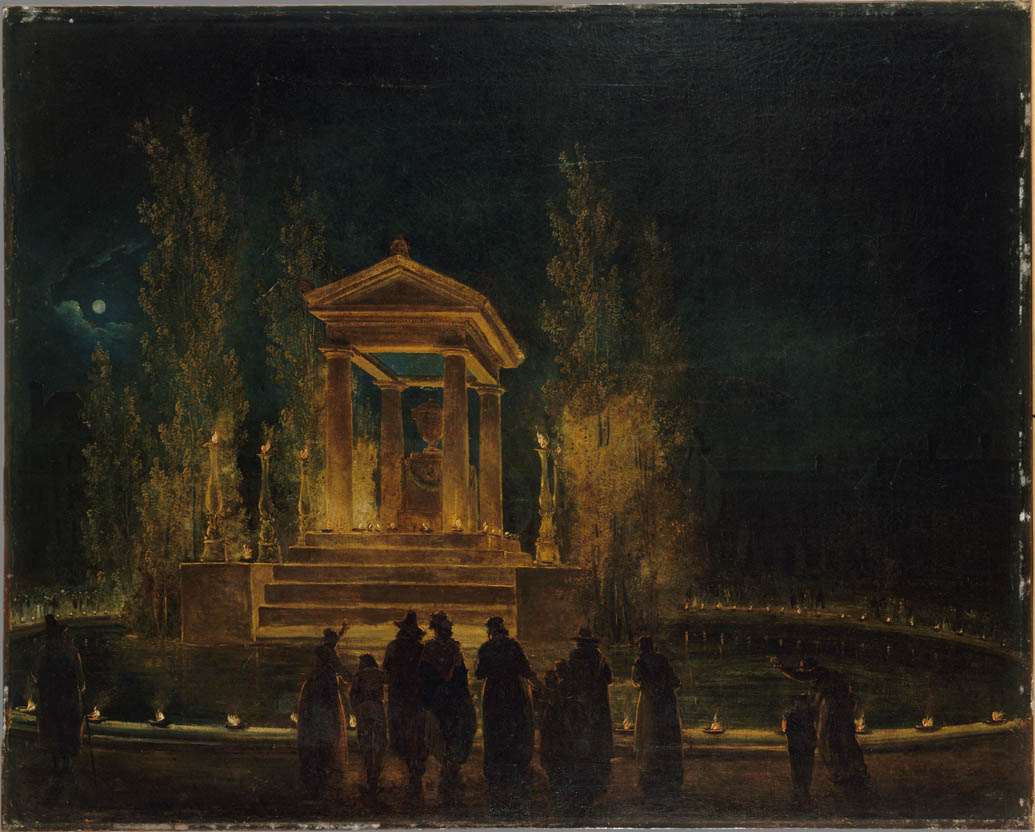 El Mausoleo provisional de Jean-Jacques Rousseau, en el estanque de las Tullerías, antes del traslado de sus cenizas al Panteón, durante la noche del 10 al 11 de octubre de 1794.