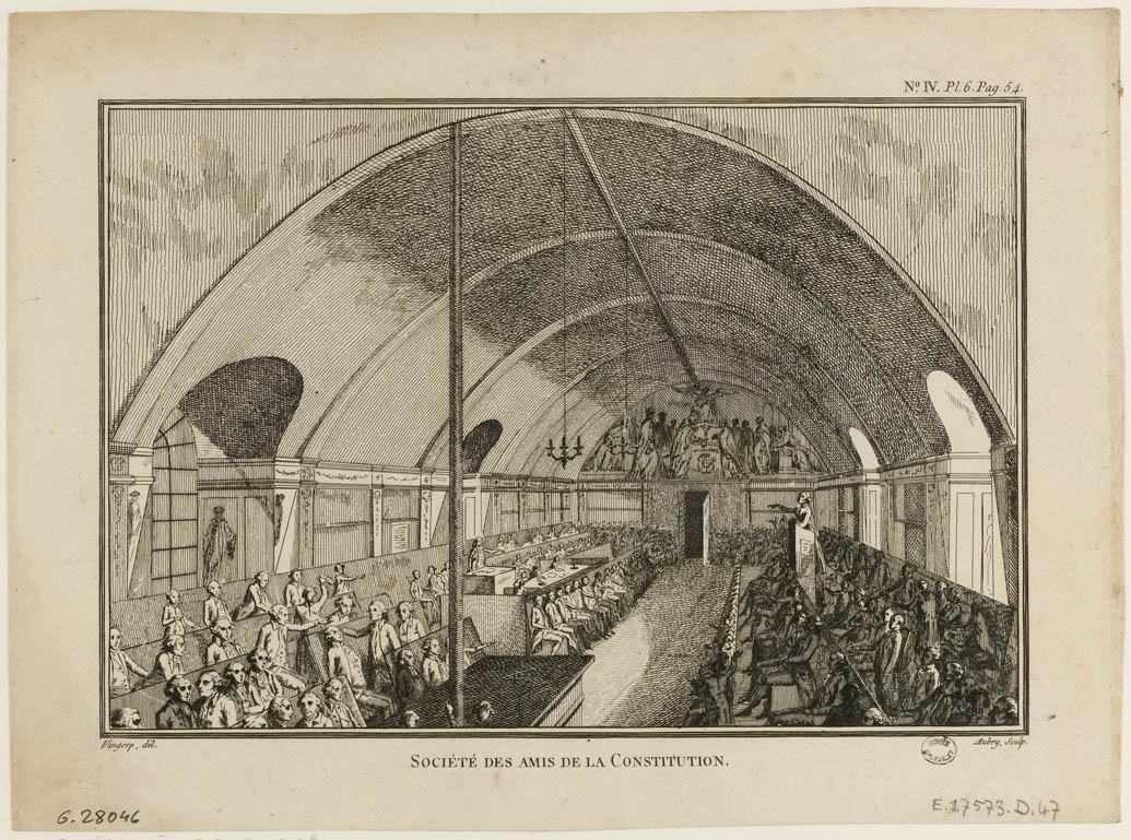 View of a Meeting of the Society of the Friends of the Constitution or the Jacobin Club, in the Library of the Monastery of the Jacobins (currently on the Place du Marché Saint-Honoré) Lameth in the Armchair and Mirabeau at the Tribune