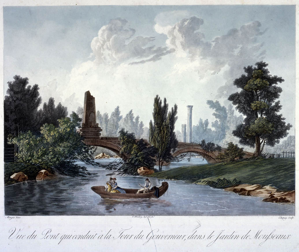 Ansicht der Brücke, die zum Gouverneursturm führt, im Jardin de Mousseaux, dem heutigen Monceau