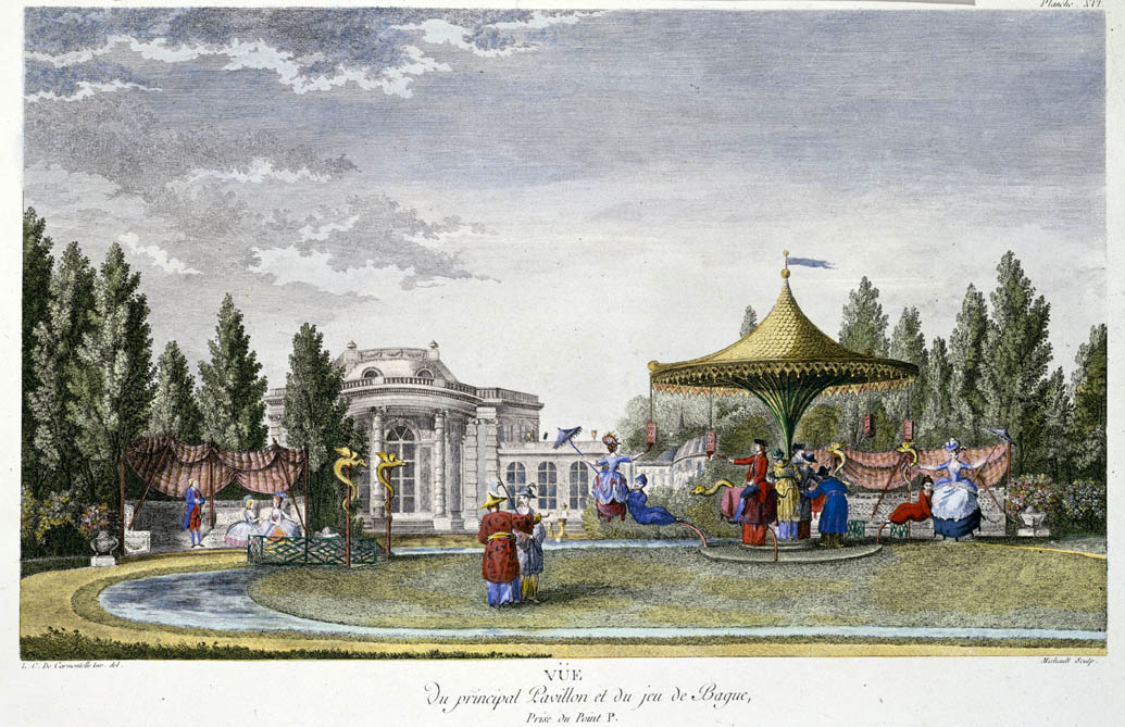 Vue du principal Pavillon et du jeu de Bague au Parc Monceau