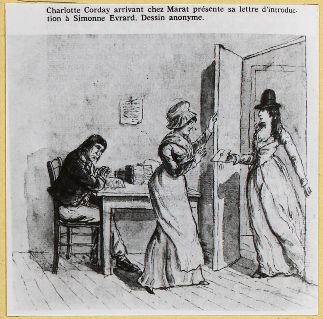 Al llegar a casa de Marat, Charlotte Corday muestra su carta de presentación a Simonne Evrard
