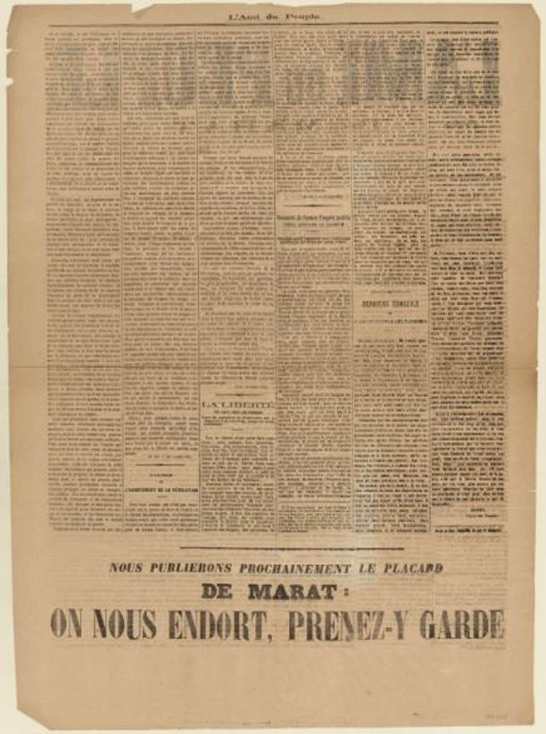 Durante la Rivoluzione, L'Ami dui peuple di Marat è uno dei giornali più letti tra i sanculotti, rivoluzionari radicali.