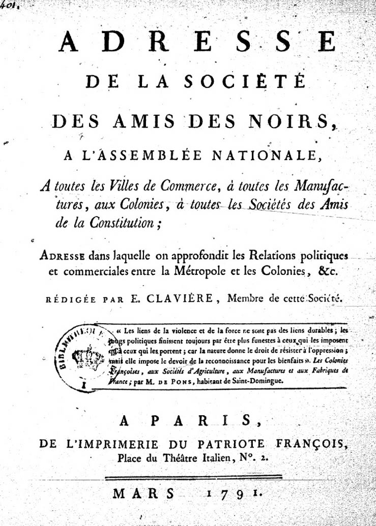 Adresse de la Société des amis des Noirs, 1791
