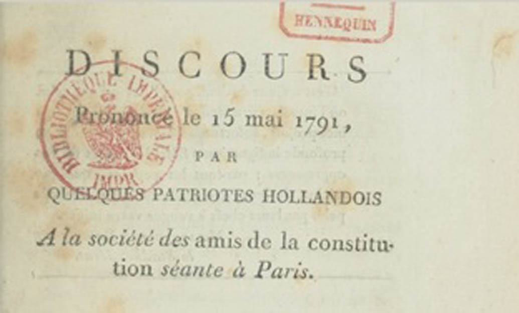 Rede einiger niederländischer Patrioten am 15. Mai 1791 vor der Gesellschaft der Freunde der Verfassung in Paris