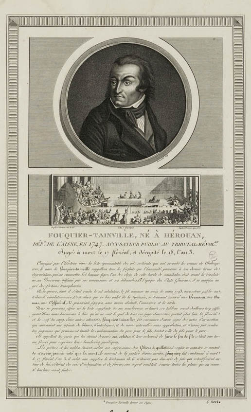Ritratto su medaglione di Antoine-Quentin Fouquier-Tinville (1746-1795), uomo politico e magistrato, scena del suo processo e nota biografica