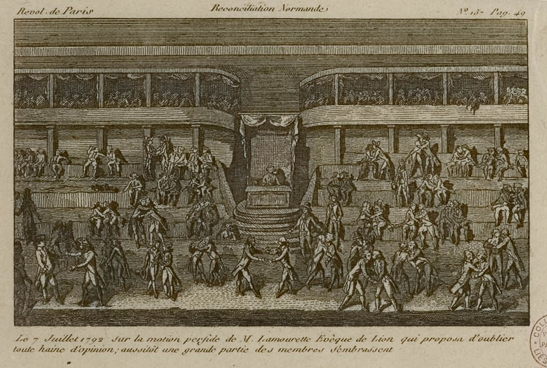 Tag des 7. Juli 1792: Kuss des Lamourette oder Versöhnungssitzung zwischen Mitgliedern der Gesetzgebenden Versammlung