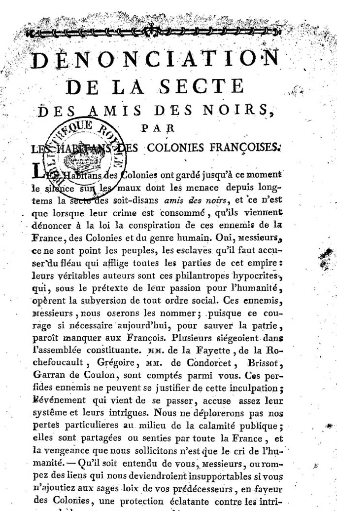 Louis-Claude René Mordant, Marquis de Massiac (1746-1806), Denunziation der Sekte der Freunde der Schwarzen, durch die Bewohner der französischen Kolonien
