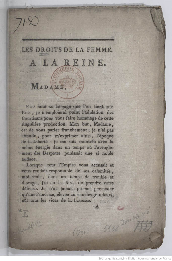 Olympe de Gouges (1748-1793), The Rights of Women, Paris, 1791