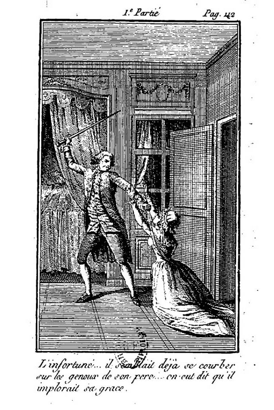 Donatien-Alphonse-François de Sade (1740-1814) : Sophie suppliant Mirville : "L'infortuné... il semblait déjà se courber sur les genoux de son père, on eut dit qu'il implorait sa grâce."