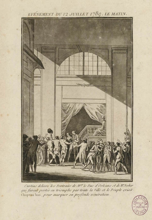 Acontecimiento del 12 de julio de 1789, Curtius entrega los retratos de monseñor el Duque de Orléans y el Sr. Necker que fueron enarbolados triunfalmente por toda la ciudad.