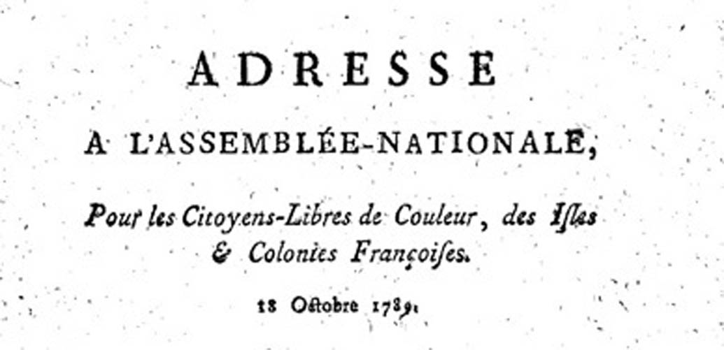 Ansprache an die Nationalversammlung, für die freien farbigen Bürger der französischen Inseln und Kolonien, 18. Oktober 1789