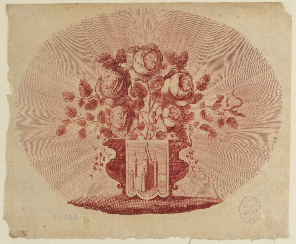 Anonyme, Allégorie de la Révolution française. Bouquet de roses offrant dans son feuillage les profils des membres de la famille royale française