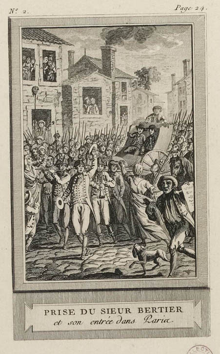 Bertier de Sauvigny und seine Kutsche umgeben von dem Volk, als sie am 22. Juli 1789 in Paris eintrafen